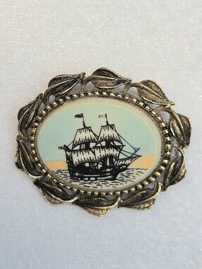 Vintage Faux-Scrimshaw Clipper Ship Brooch / Pin
